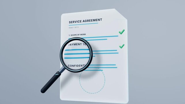 Contract review with a magnifying glass checking service agreement clauses and pages until audit passed
