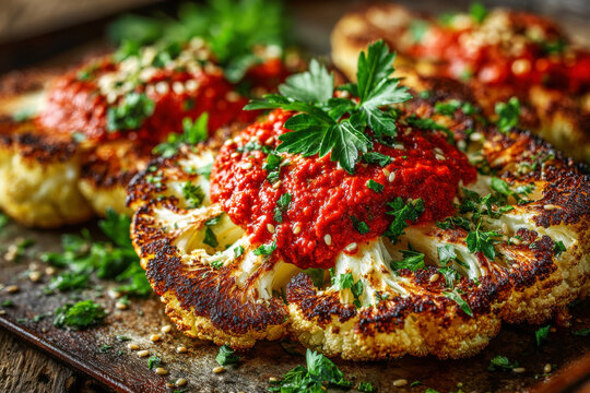 Roasted cauliflower steak topped with harissa sauce parsley and sesame seeds on wooden board