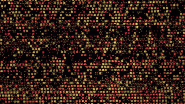 Grid of glowing red, orange and yellow square shifting across a black background with flickering motion