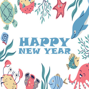 Underwater sea creature border with cute marine animals and seaweed for aquatic happy new year theme.