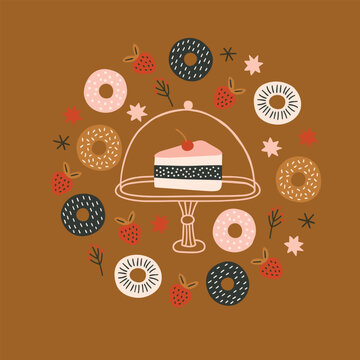 Cake slice with cherry under glass dome surrounded by donuts and strawberries on brown background.