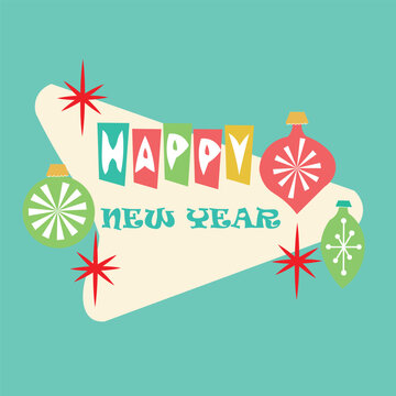Mid century modern happy new year banner features retro starbursts and ornaments on teal background.