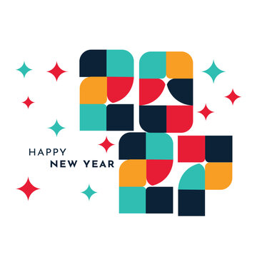 Modern geometric 2027 happy new year card with colorful abstract shapes and stars for holiday events.