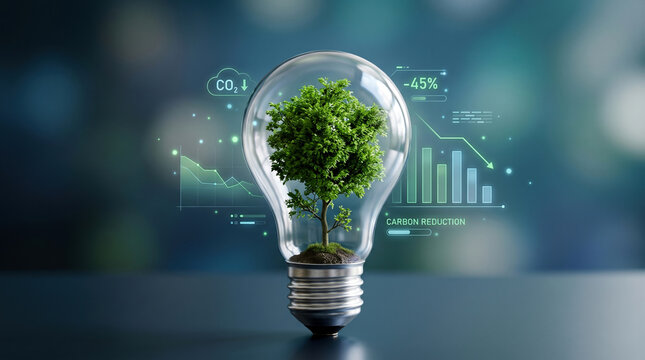Sustainable innovation concept green tree growing in a light bulb with carbon reduction data