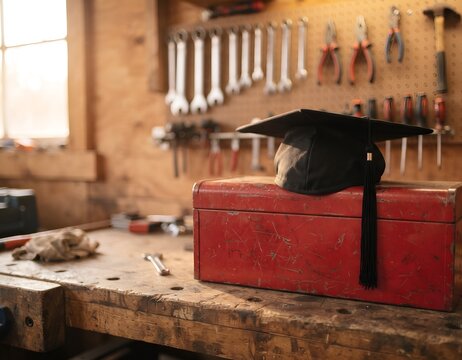 Graduation cap resting on a worn red toolbox in a workshop