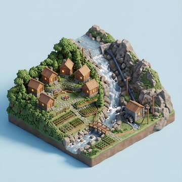Isometric 3D hillside village powered by a small micro hydro plant