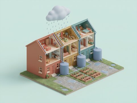 Isometric 3D terrace houses collecting rainwater in rooftop tanks