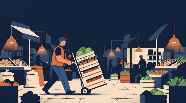Flat illustration of a porter moving vegetable crates at night