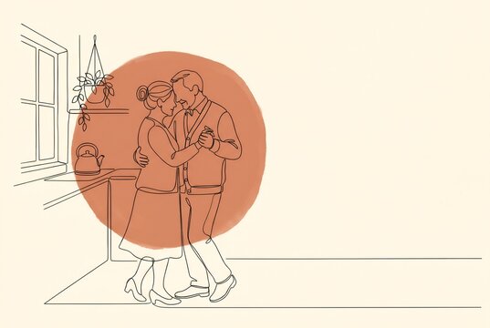 Continuous line drawing of an older couple slow dancing in a kitchen