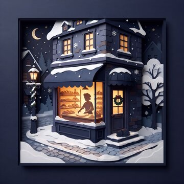 Paper cut illustration of a glowing bakery window on a snowy night