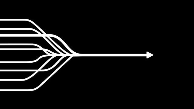 Data flow merge arrow icon, Multiple lines converging into single direction, Motion graphics of technology data integration