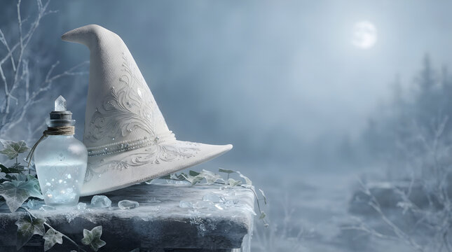 White witch hat and magic potion bottle on frozen stone in winter forest