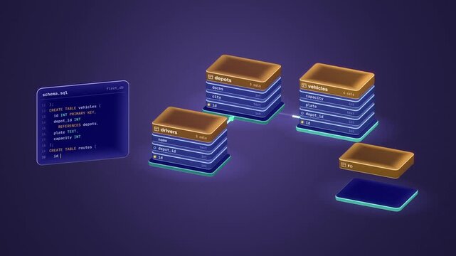 SQL database schema built as 3D tables linked by foreign keys before a join query runs on purple