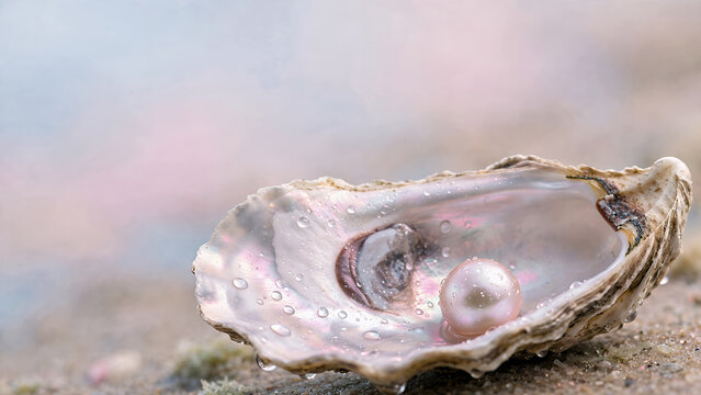 open oyster shell with iridescent pearl and water droplets on natural rocky surface, soft focus background