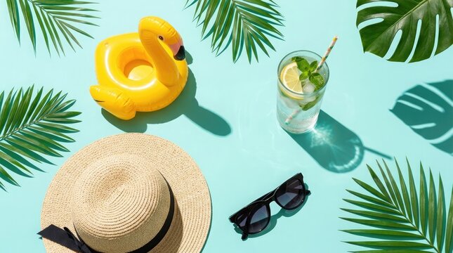 Summer vacation essentials featuring a yellow rubber ducky tropical foliage a refreshing drink sun hat and dark sunglasses on a