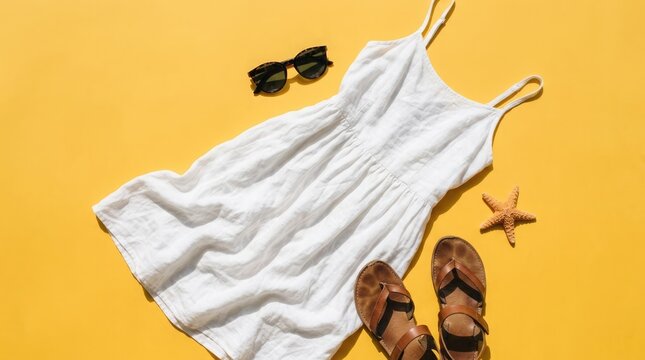 Summer holiday must have items arranged on a bright cheerful yellow backdrop for a relaxed vibe