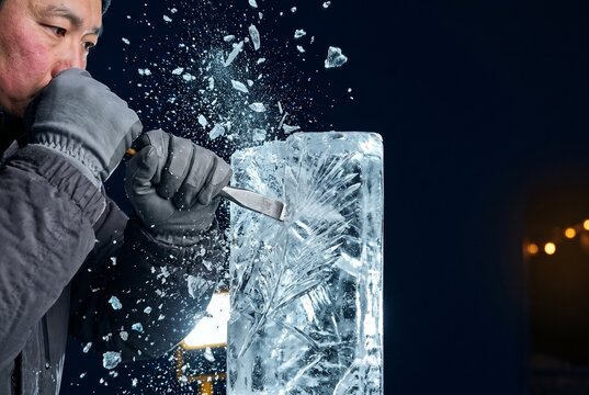 Skilled male ice sculptor wearing warm gloves carving intricate pattern on frozen block with metal chisel as crystalline ice shards fly into dark night air