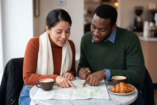 Young diverse couple pointing at a paper map and planning their travel route while sitting together at a cafe table with coffee and a croissant