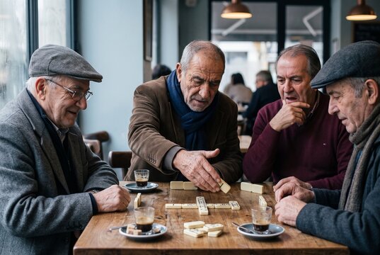 Four senior men playing dominoes and drinking espresso coffee at a wooden table inside a cozy neighborhood cafe during retirement
