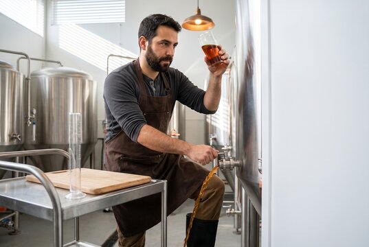 Focused bearded male brewer in an apron inspecting the quality and color of freshly brewed craft beer in a glass next to stainless steel fermentation tanks