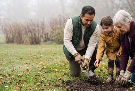 Multigenerational family gardening together outdoors in autumn, planting flower bulbs in dark soil with father, daughter, and grandmother