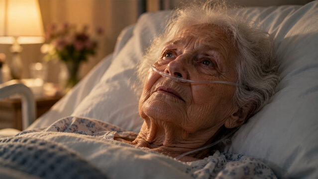 Elderly woman lying in a hospital bed wearing a nasal oxygen cannula, looking thoughtful and vulnerable during medical care, aging, serious illness, respiratory support and senior healthcare concept