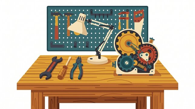 Workshop workbench with tools and mechanical gears on a wooden table surface