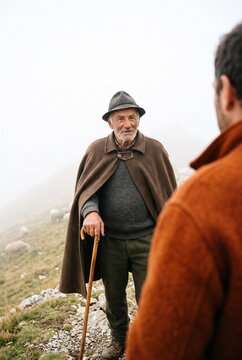 Elderly shepherd in a wool cloak and hat talking with a younger man on a foggy mountain pasture with sheep grazing in the background