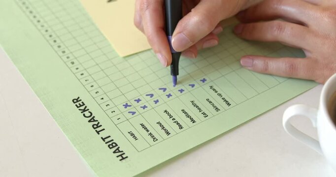 Woman hand checking habits on green paper habit tracker with marker next to coffee cup.