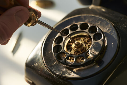 Vintage dial telephone repair close up shows artisan technician using precision screwdriver exposed brass gear inside aged rotary mechanism soft window light, with clean workbench space