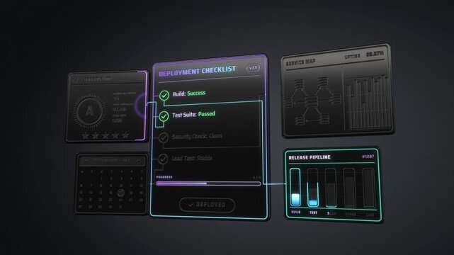Software deployment checklist dashboard lights up as build, test and security checks pass to deployed