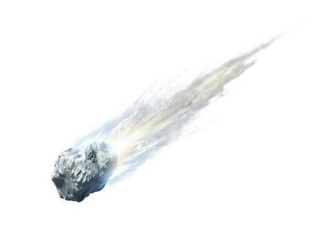 A comet or meteoroid hurtling through space with a bright glowing tail, isolated on transparent background.