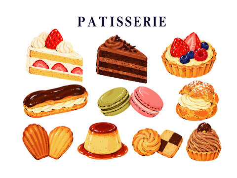 ショートケーキ・チョコレートケーキ・タルト・エクレア・マカロンなど西洋洋菓子・スイーツの手書き風リアルイラストセット