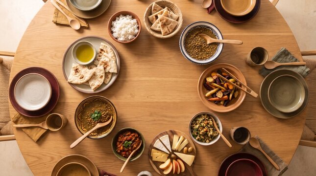 Top view of shared vegetarian meal on round oak table with lentil soup, flatbread, rice, roasted root vegetables, cheese platter and ceramic dinnerware with empty center copy space