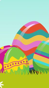 Vertical video: Horizon rising, daisies drifting, eggs emerging into grass, forming Easter focus