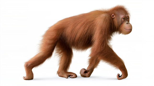 Young orangutan with reddish orange fur walking on all fours, full body side view of an endangered great ape with expressive face isolated on a clean white background