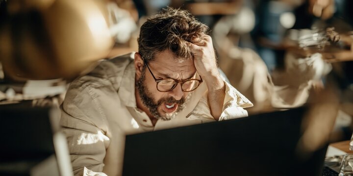 Frustrated man expressing anger while working on laptop, experiencing stress and technical difficulties