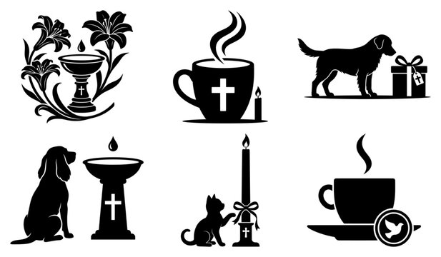 Religious remembrance icons featuring christian symbols with pets and flowers