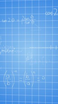 Vertical video: Left-to-right camera panning across blue grid revealing chalk math for instruction