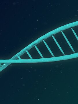 Vertical video: Discs aligning into turquoise double helix, rotating and drifting to reveal rungs