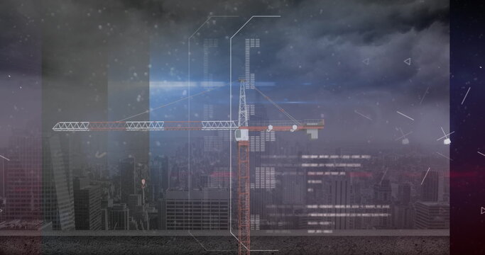 Construction crane towering over city skyline with digital overlay elements