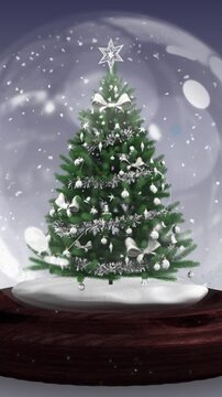 Vertical video: Blue-white sparkle band forming, tree materializing in dome, creating festive scene