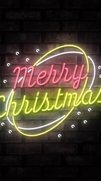 Vertical video: Camera shifting, centering neon Merry Xmas sign to reveal full oval and show colors
