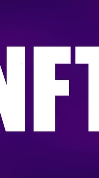 Vertical video: Fragments clustering left assembling NFT letters, breaking and exposing purple void