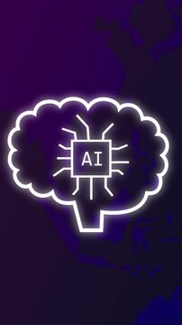 Vertical video: Short stroke starting, outline growing into neon brain, AI chip emerging