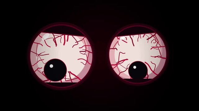 Multiple pairs of bloodshot cartoon eyes staring from the dark