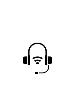 bold black icon on a plain white background. It shows a pair of over-ear headphones with a microphone boom extending from the right side. At the center between the ear cups sits a wireless signal symb