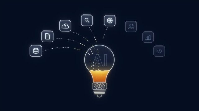 AI light bulb fills with glowing orange light as data flows in from database, cloud, search and code icons