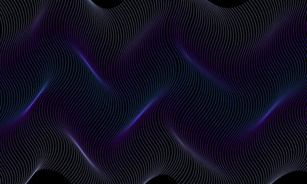 Abstract wavy pattern of blue and purple glowing dots on a black background.