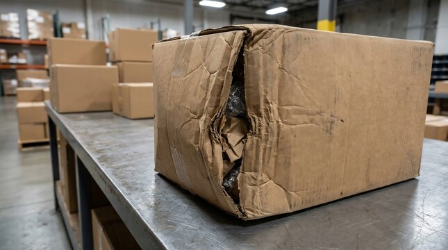 Severely crushed cardboard box sitting on a metal workbench inside a busy fulfillment warehouse.